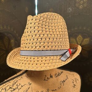 Tan Straw Fedora with Striped Ribbon NWOT